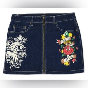 Ed Hardy Panther Zipper Front Denim Mini Skirt Size Large